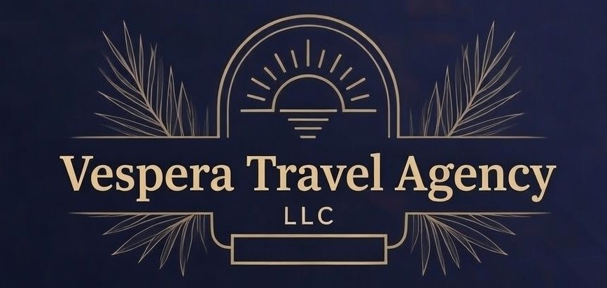 Logo for Vespera Travel Agency, navy blue background, gold text and graphic details, sun design, and palm fronds.