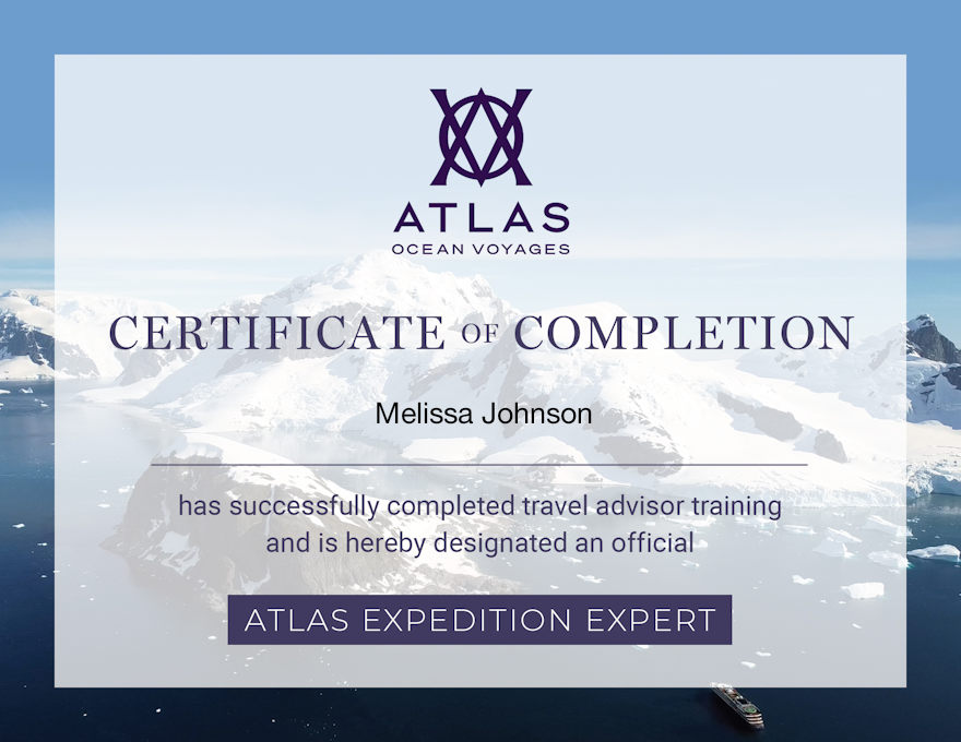 Certificate of completion from Atlas Ocean Voyages.  