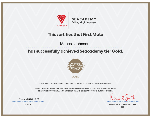 Certificate for Melissa Johnson, awarded by Seacademy for achieving Gold tier.