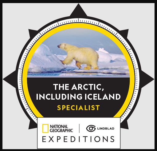 Polar bear on ice, Nat Geo & Lindblad Arctic travel specialist badge.