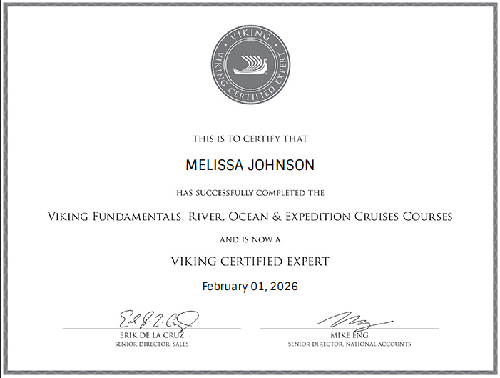 Certificate of Viking Certified Expert for Melissa Johnson, issued February 01, 2026.