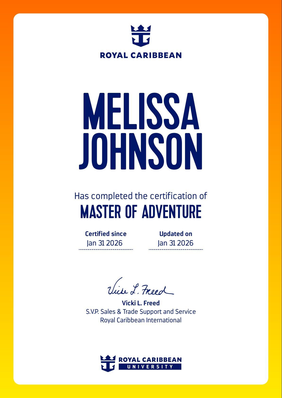 Certificate from Royal Caribbean: Melissa Johnson, 