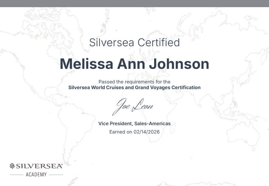 Silversea Cruises certification for Melissa Ann Johnson. Includes signature and date earned: 02/16/2020.