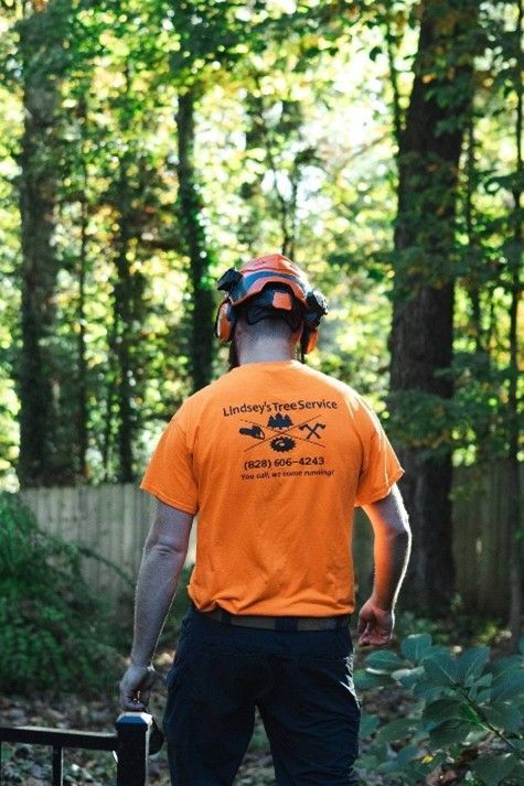 A Person wearing an orange shirt and safety helmet standing outdoors in a wooded area.