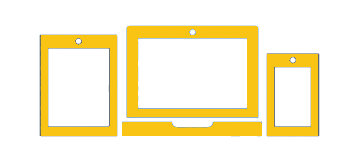 A row of yellow icons including a laptop , tablet , and phone.