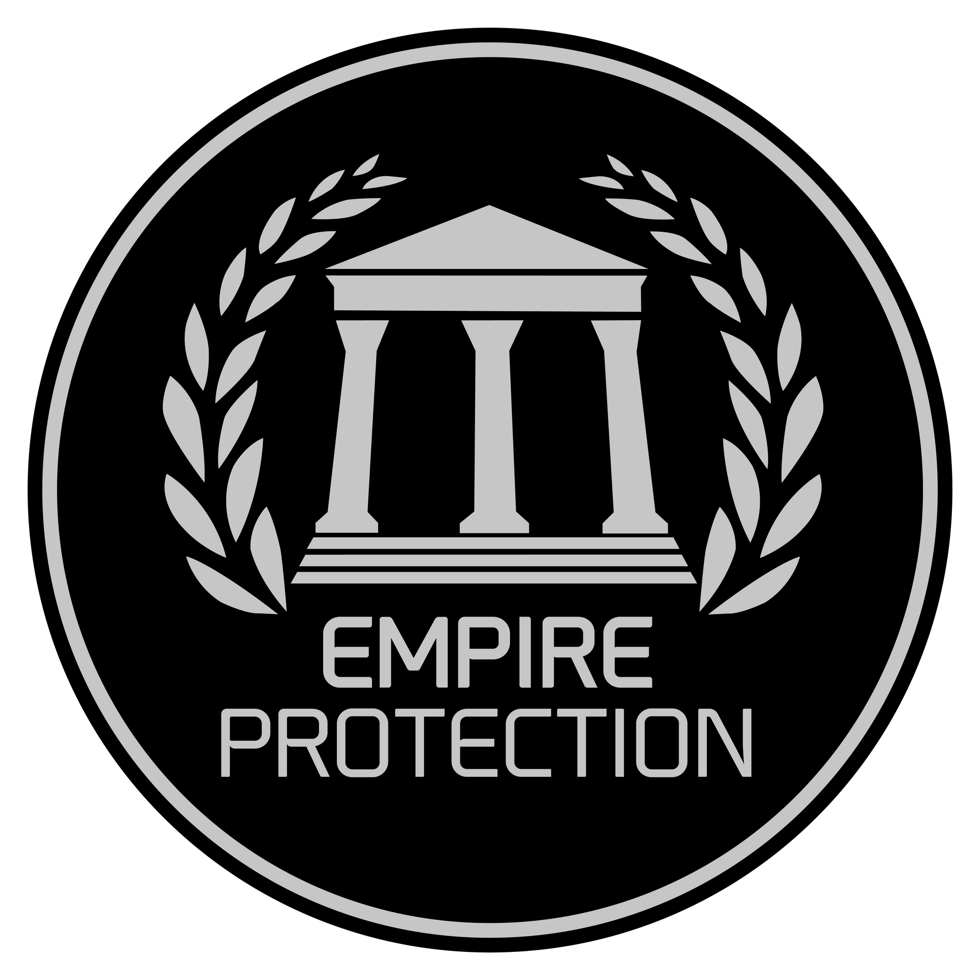 A logo for empire protection with a building and laurel wreath
