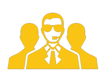 A group of people standing next to each other with a man wearing sunglasses and a headset.