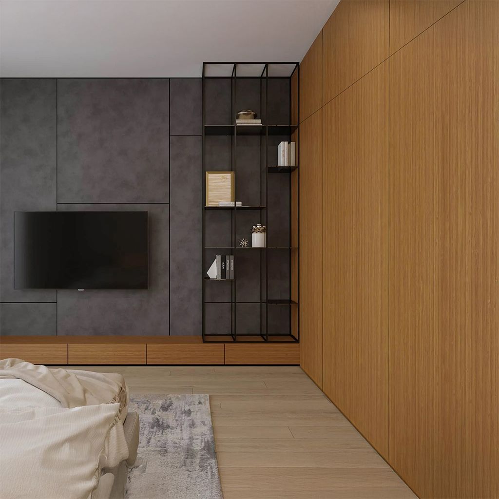 Sala de estar moderna con televisor montado en la pared, estante alto negro, pared decorativa gris y