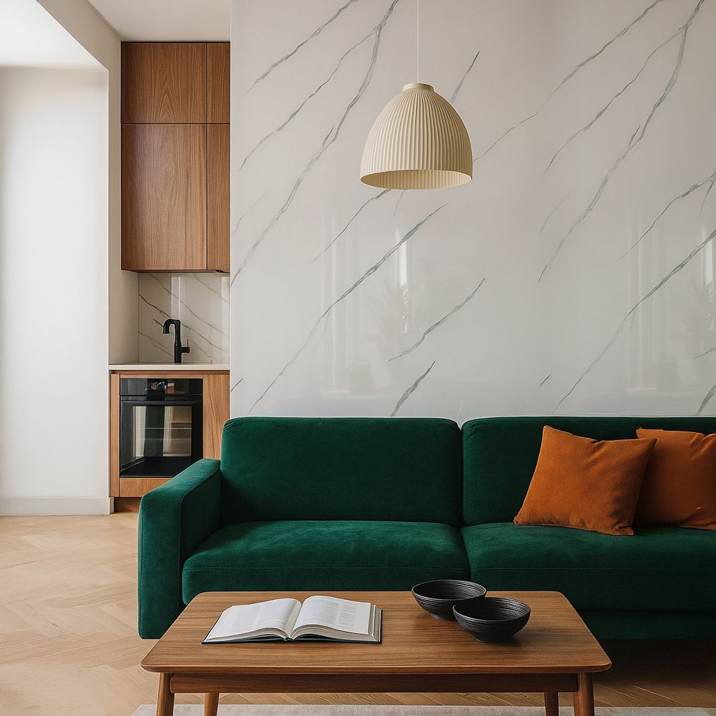 Sala de estar moderna con sofá verde, mesa de centro de madera, pared de mármol y lámpara colgante.