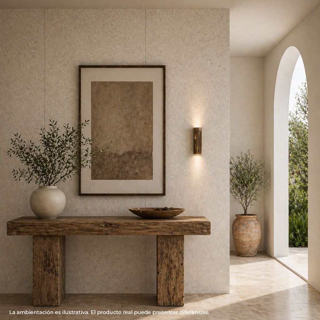 Entrada minimalista en tonos beige con mesa consola rústica de madera, cuadro, jarrón y puerta arqueada que da al exterior.