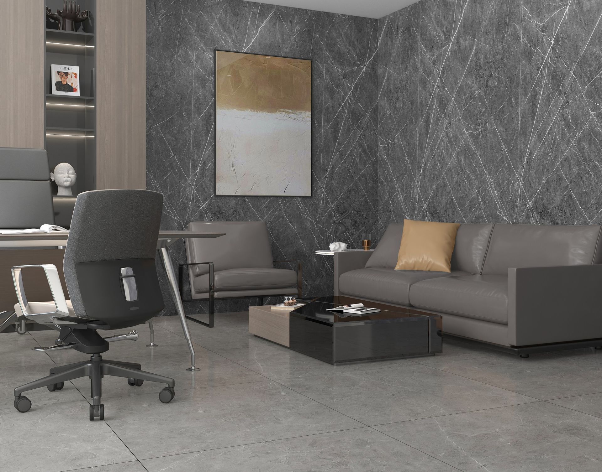 Sala de estar moderna con sofá gris, silla, mesa de centro y arte abstracto en la pared sobre paredes oscuras texturizadas.