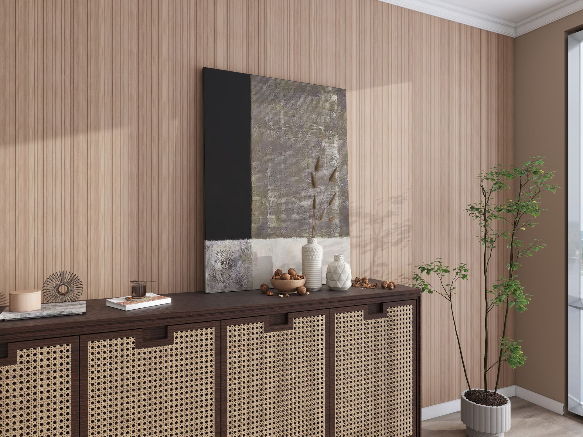 Panel de plástico acanalado de color beige con borde entrelazado sobre fondo blanco.