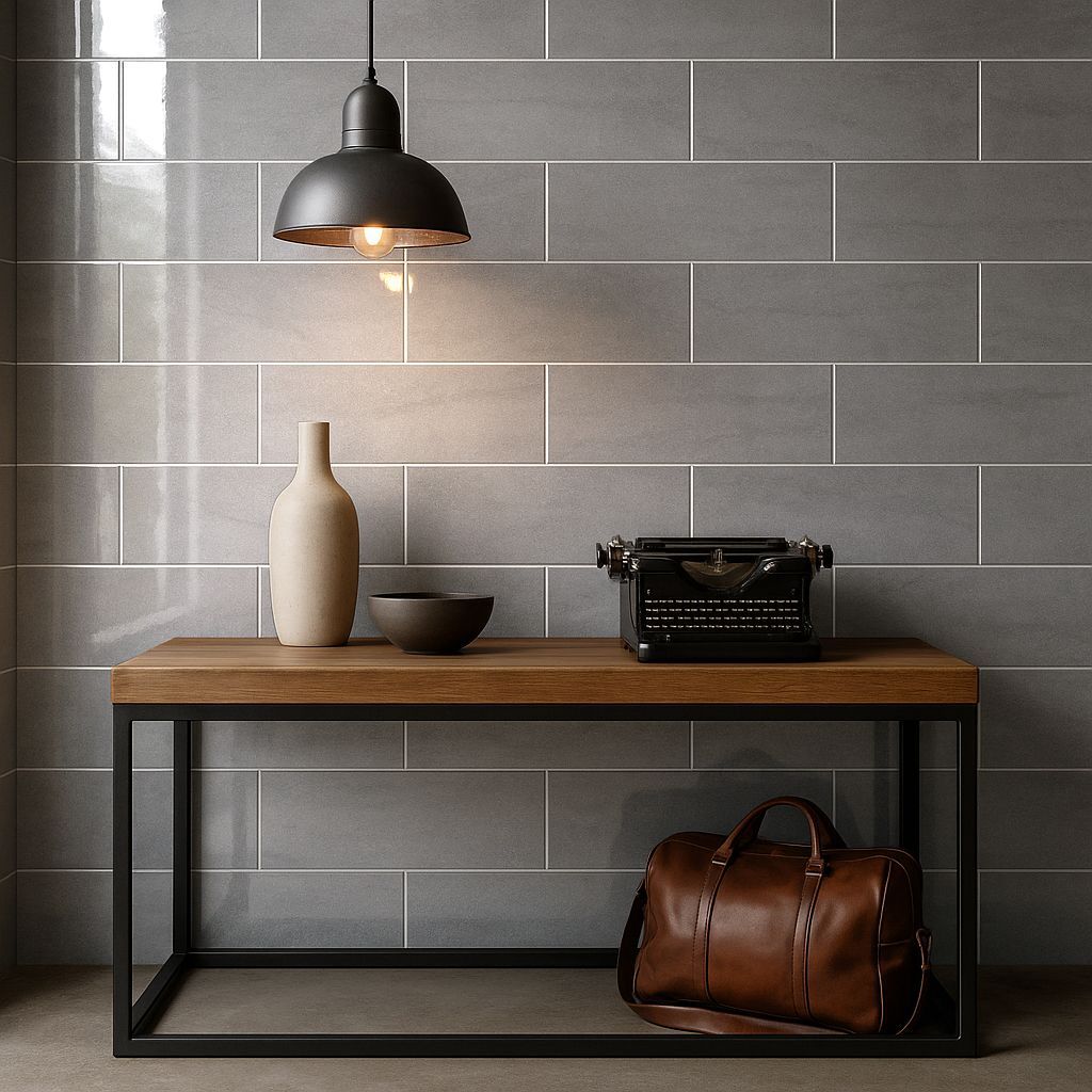 Sala de estar moderna con sofá gris, mesa de centro de madera, pared de azulejos oscuros y lámpara colgante.