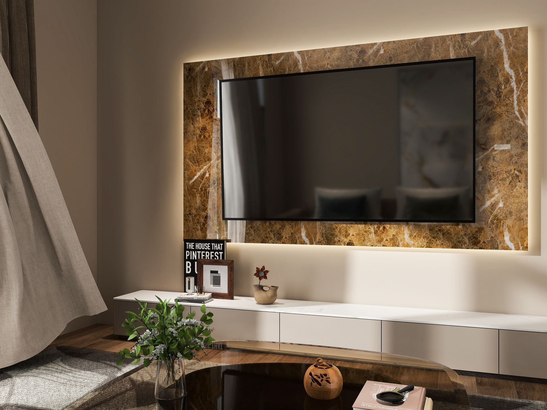 Sala de estar moderna con una mesa de centro cuadrada blanca y de madera con tablero de mármol marrón
