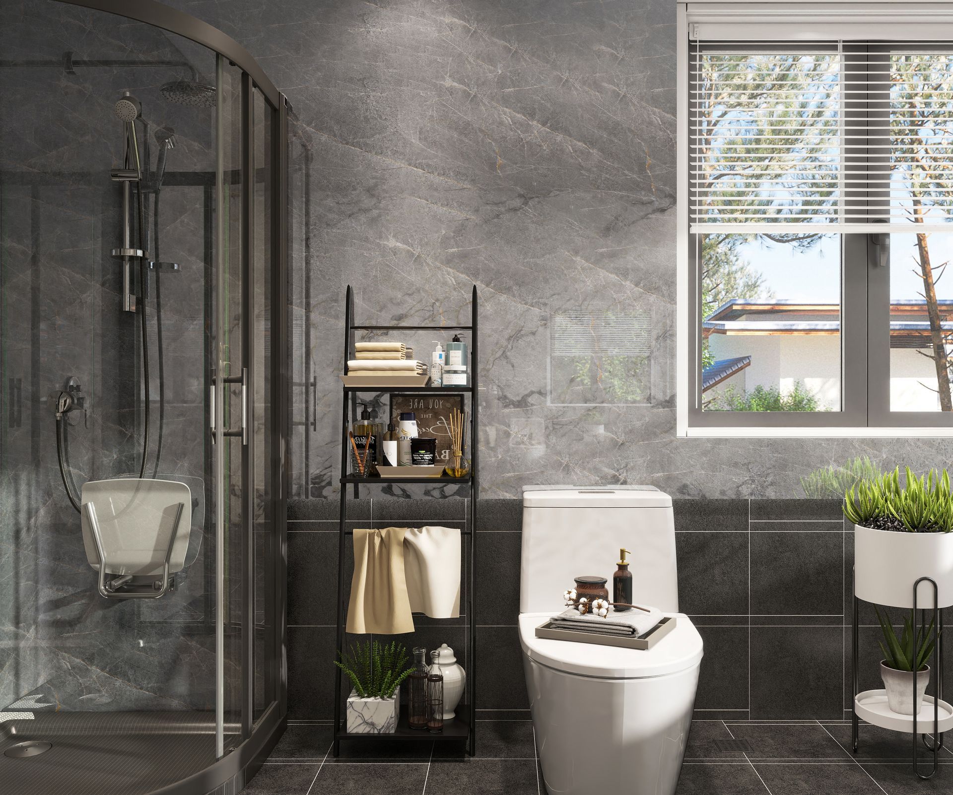 Baño moderno de color gris con ducha de cristal, inodoro, toallero y ventana con persianas.