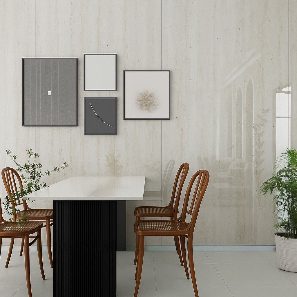 Rincón de comedor moderno con mesa blanca, sillas de mimbre, cuadros enmarcados y plantas en macetas contra una pared clara.