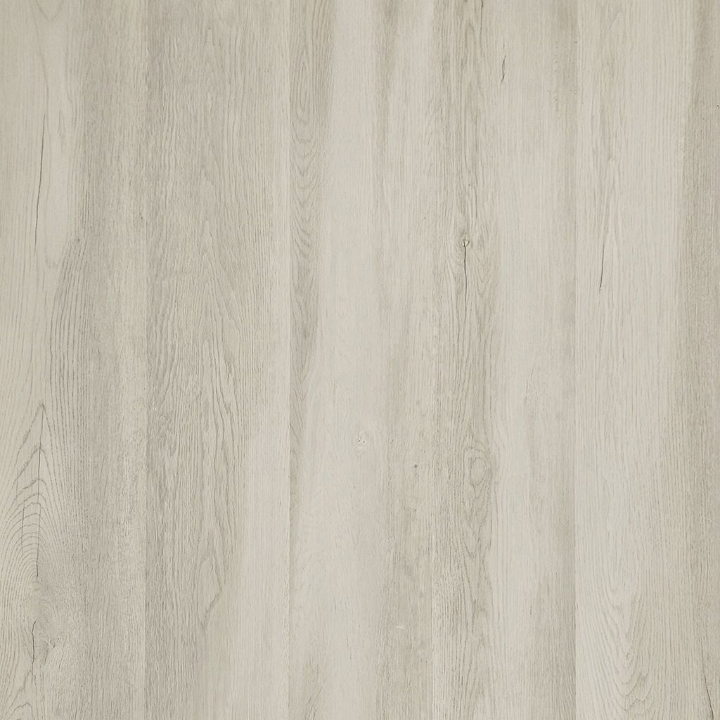 Sala de estar moderna con suelo de madera clara, sofá gris, mesa de centro redonda, plantas y persianas grandes.
