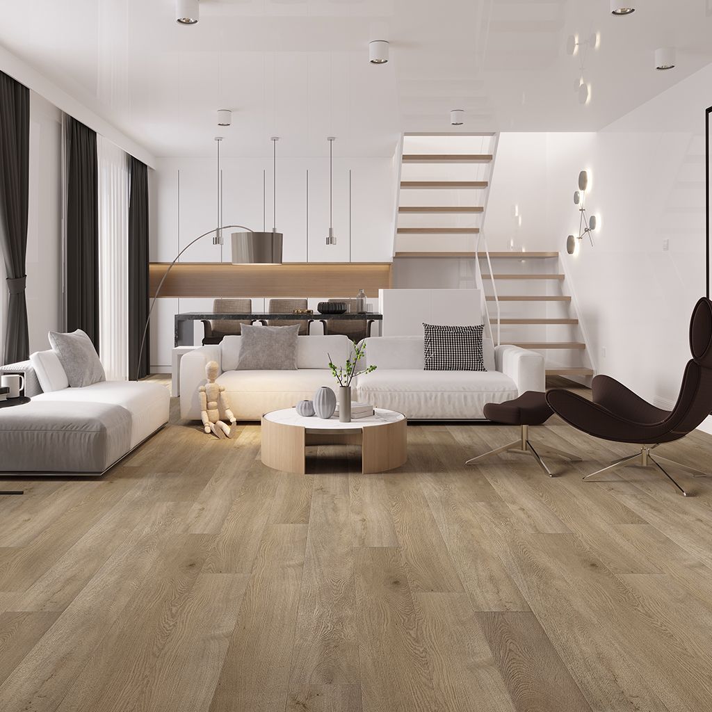 Salón moderno y minimalista con muebles blancos, suelos de madera y una escalera que conduce a un altillo.