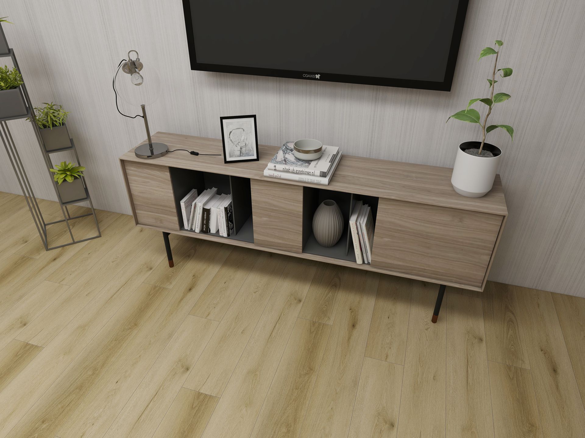 Sala de estar moderna con sofás grises, una mesa auxiliar y suelo de madera clara cerca de grandes ventanales.