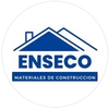 Logotipo de materiales de construcción ENSECO en azul con icono de techo y texto en español.