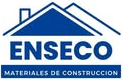 Logotipo de materiales de construcción ENSECO con icono de techo azul y texto en español sobre fondo blanco.