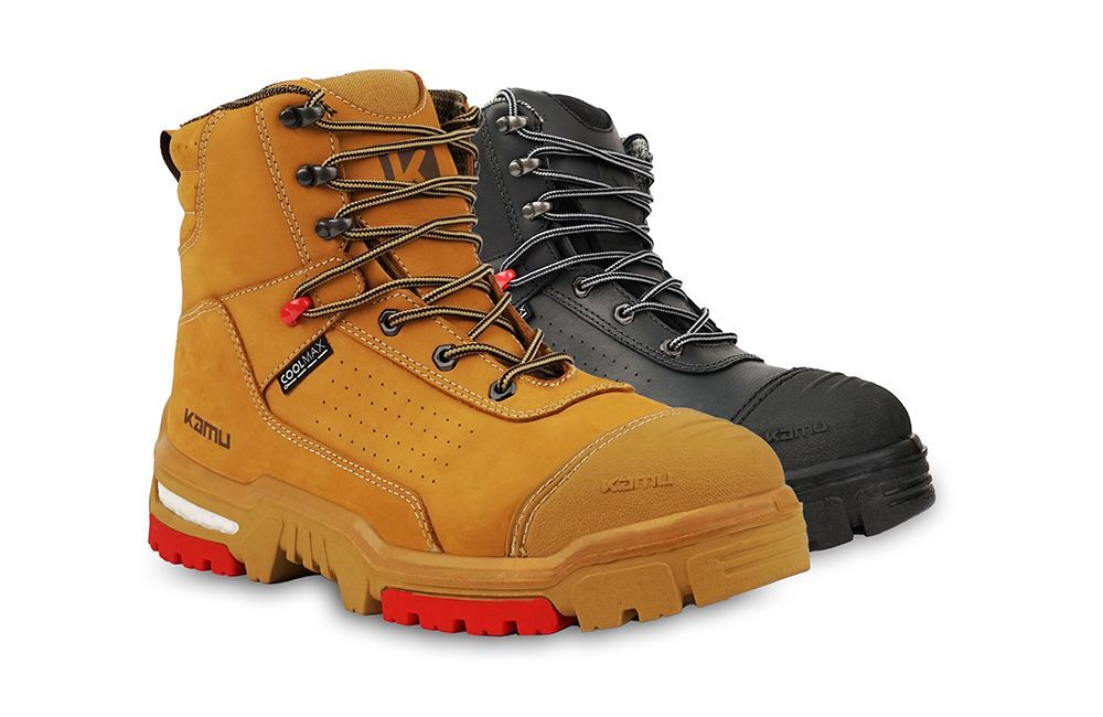 A pair of brown and black safety boots on a white background.