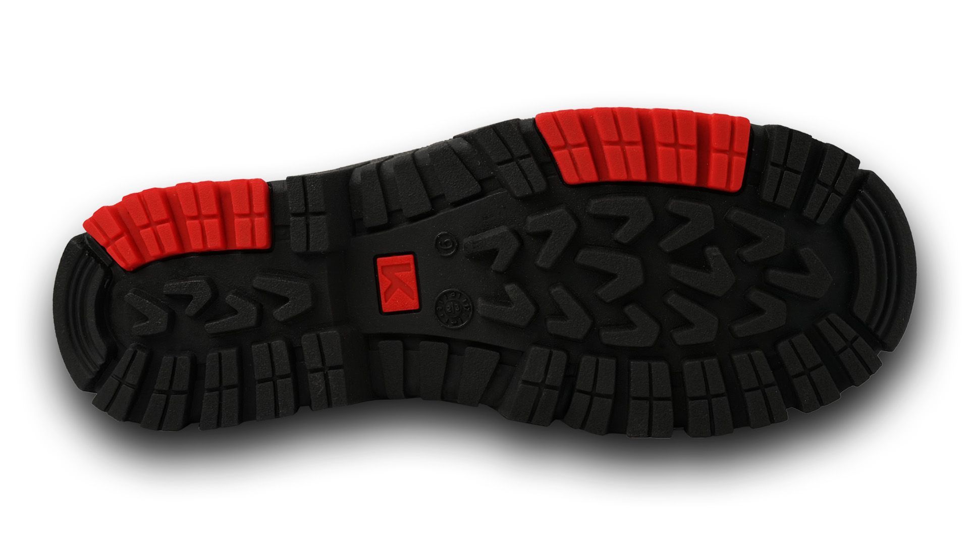 The bottom of a black shoe with red rubber soles