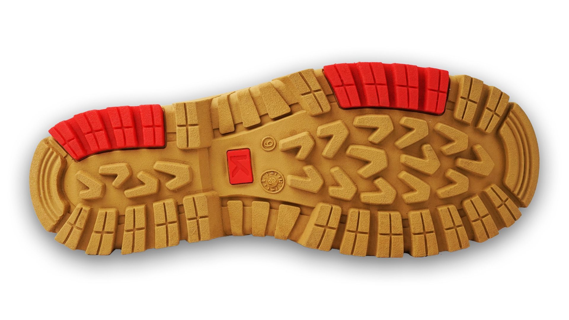 A close up of a shoe sole with red rubber soles on a white background.