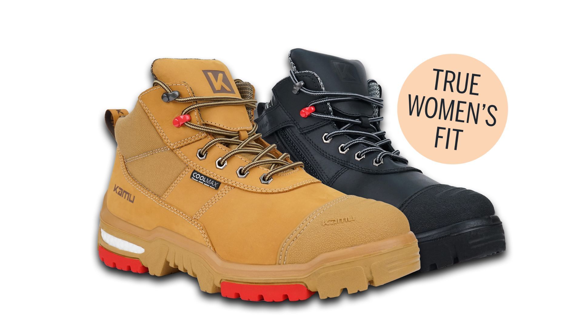 A pair of work boots that say true women 's fit