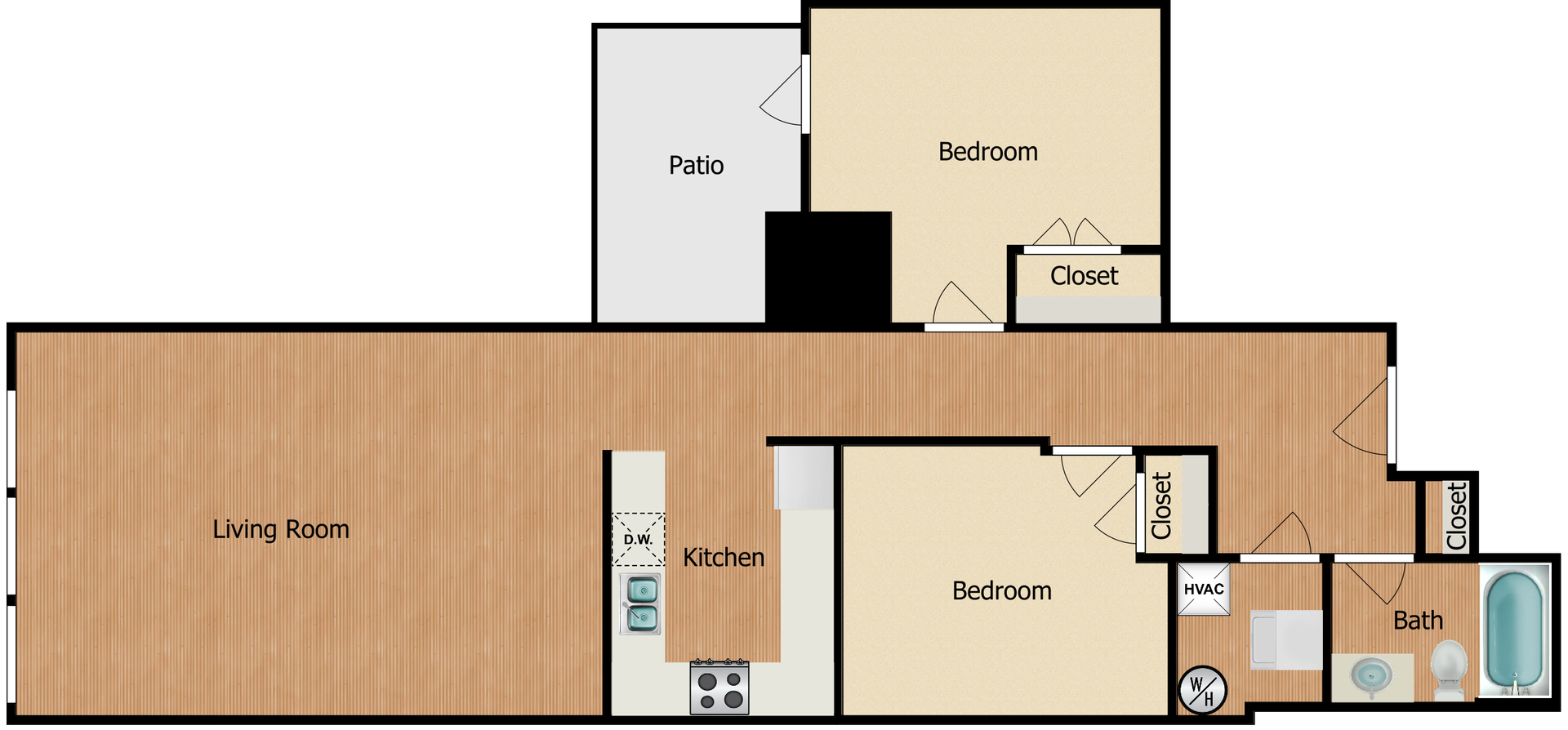 Floor Plan: 2 Bed · 1 Bath · 988 SQ FT.