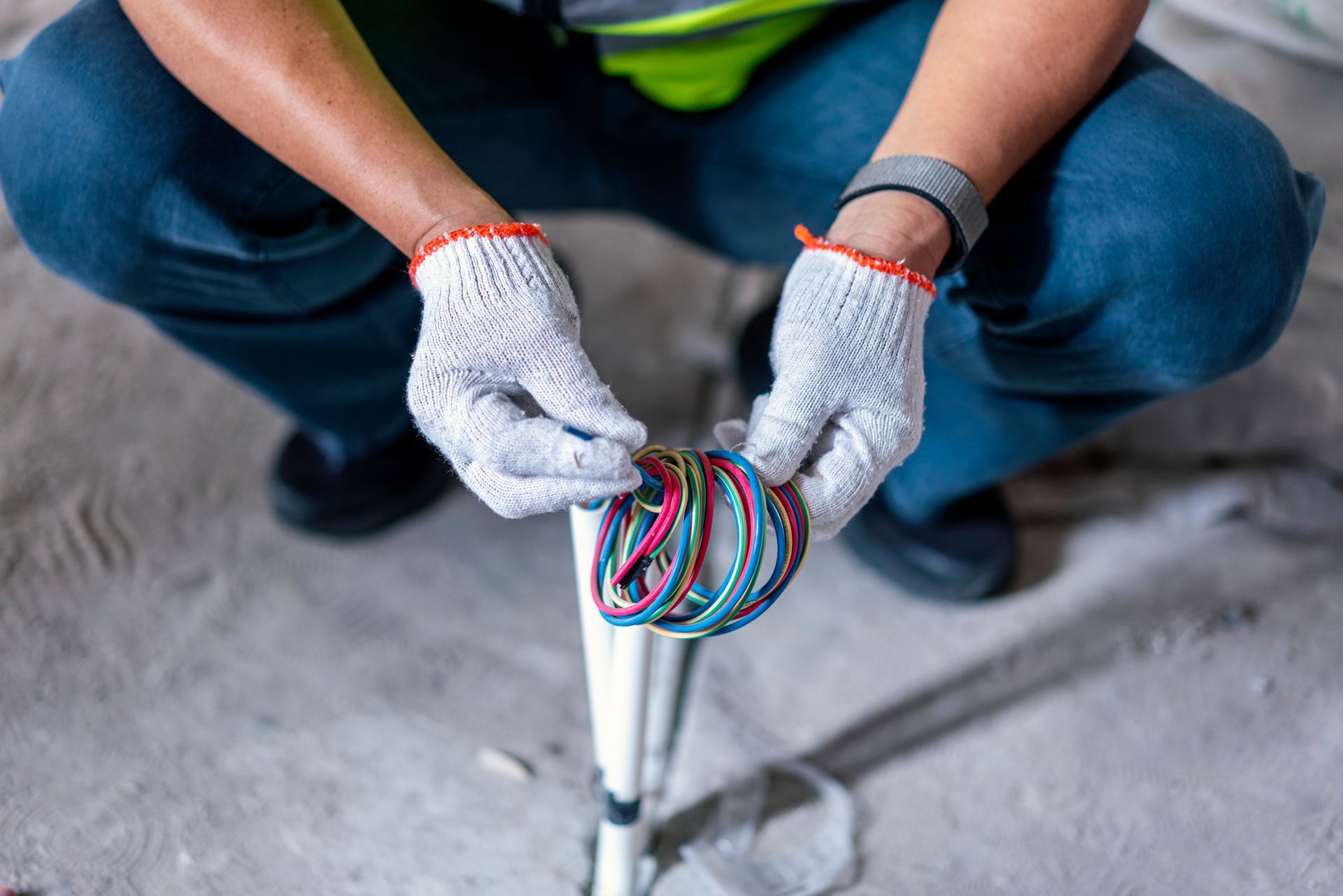 Person wearing gloves and work clothes handling colorful wires inside a building.