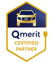 Qmerit Certified Partner badge with car icon and charging plug. Gold and blue colors. Qmerit Certified Partner badge with car icon and charging plug. Gold and blue colors.