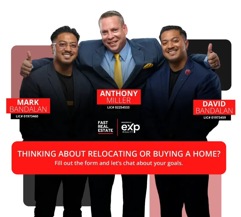 Three real estate agents smiling, text: 