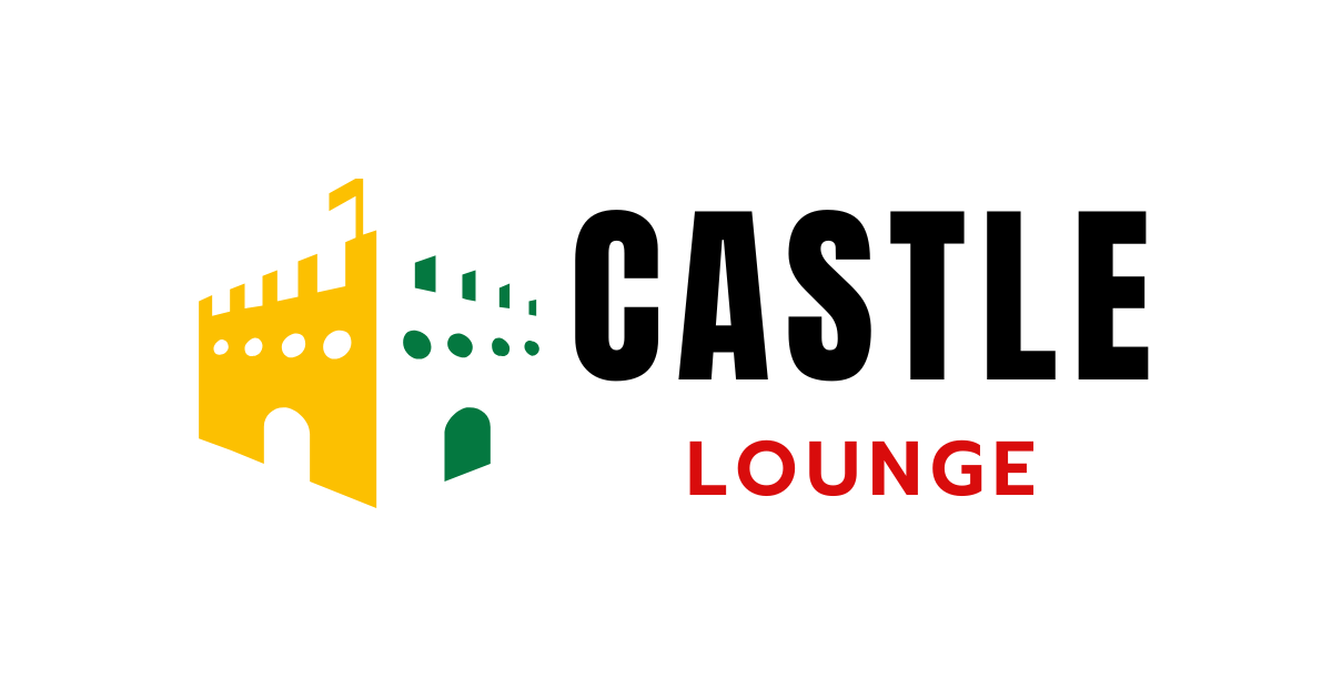 Logo for Castle Lounge: Yellow and green castle graphic with black text 