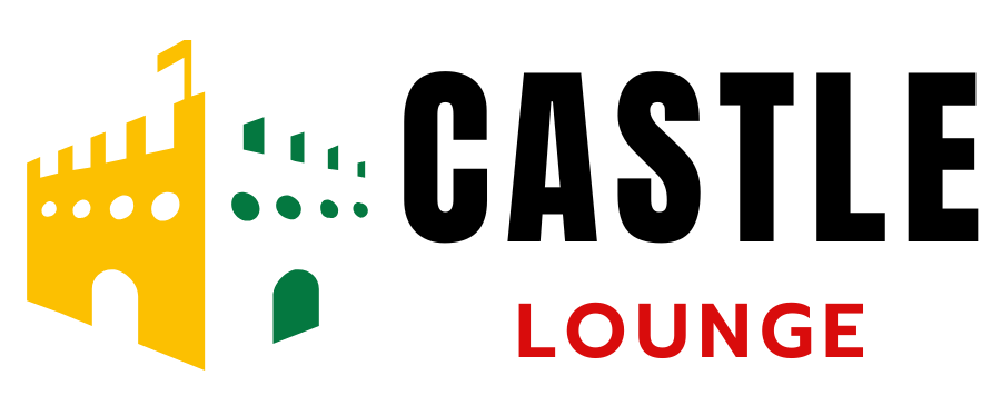 Logo for Castle Lounge: Yellow and green castle graphic with black text 