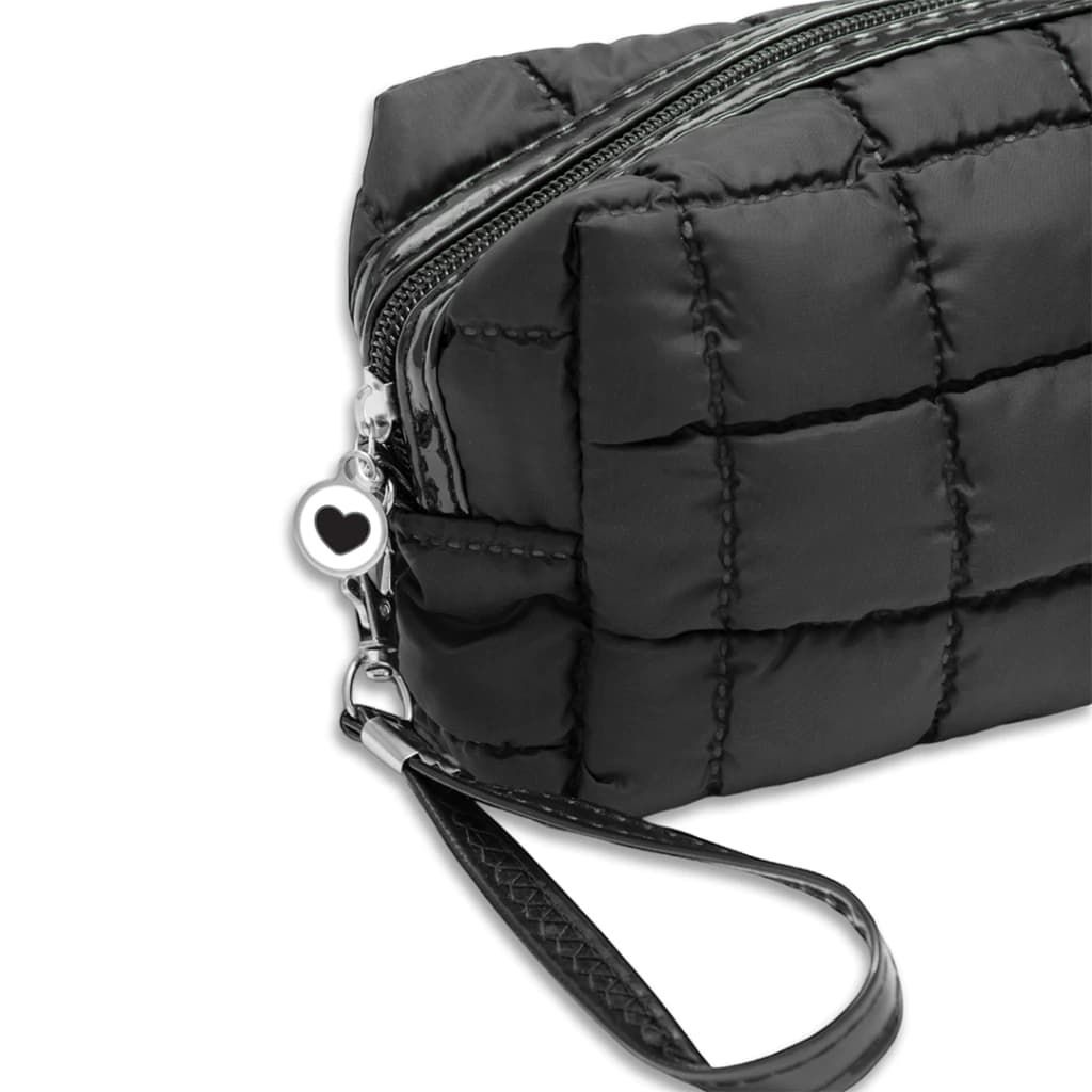 Bolsa de cosméticos acolchada de color negro con correa para la muñeca.
