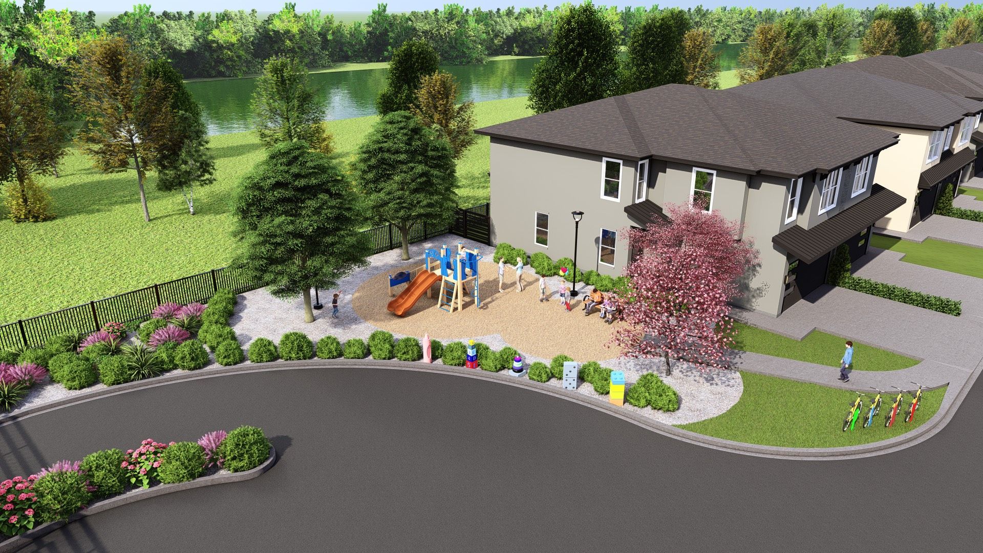 An artist 's impression of a house with a playground in front of it.