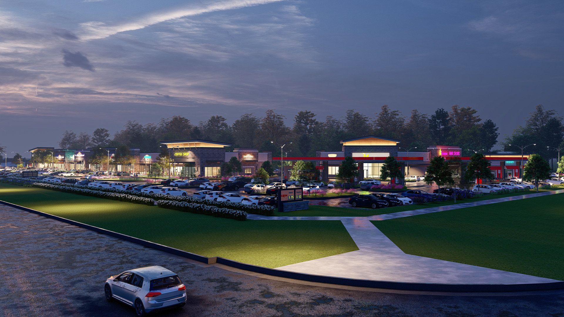 An artist 's impression of a shopping center at night.