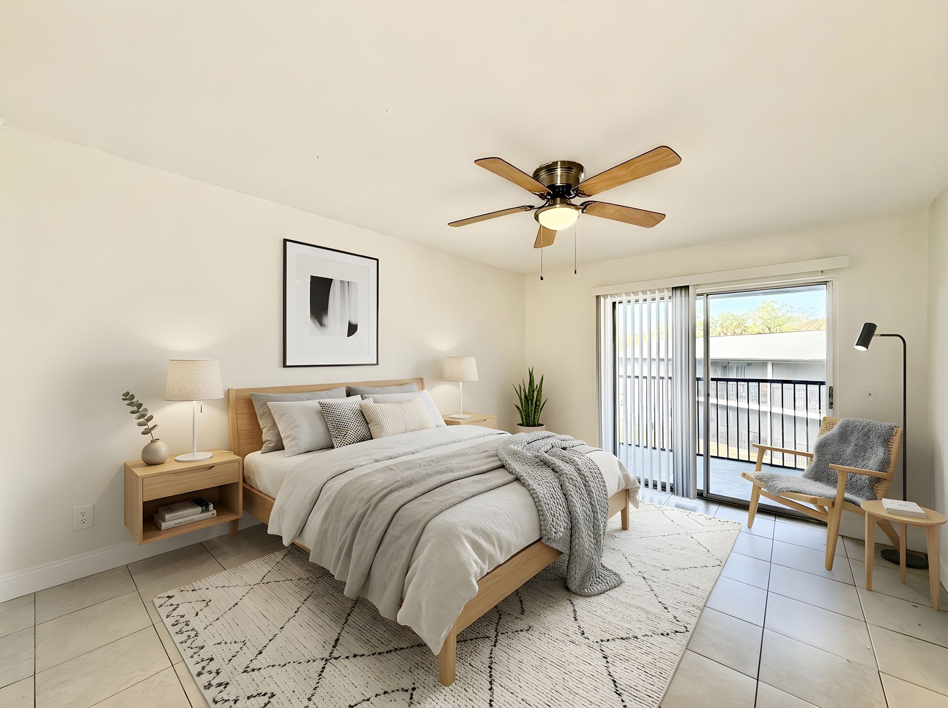 Staged bedroom with large sliding doors