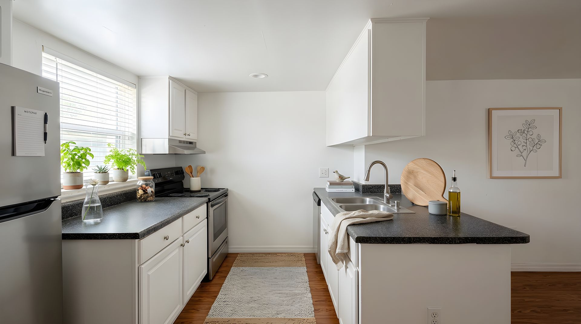 Open plan kitchen with stainless steel appliances
