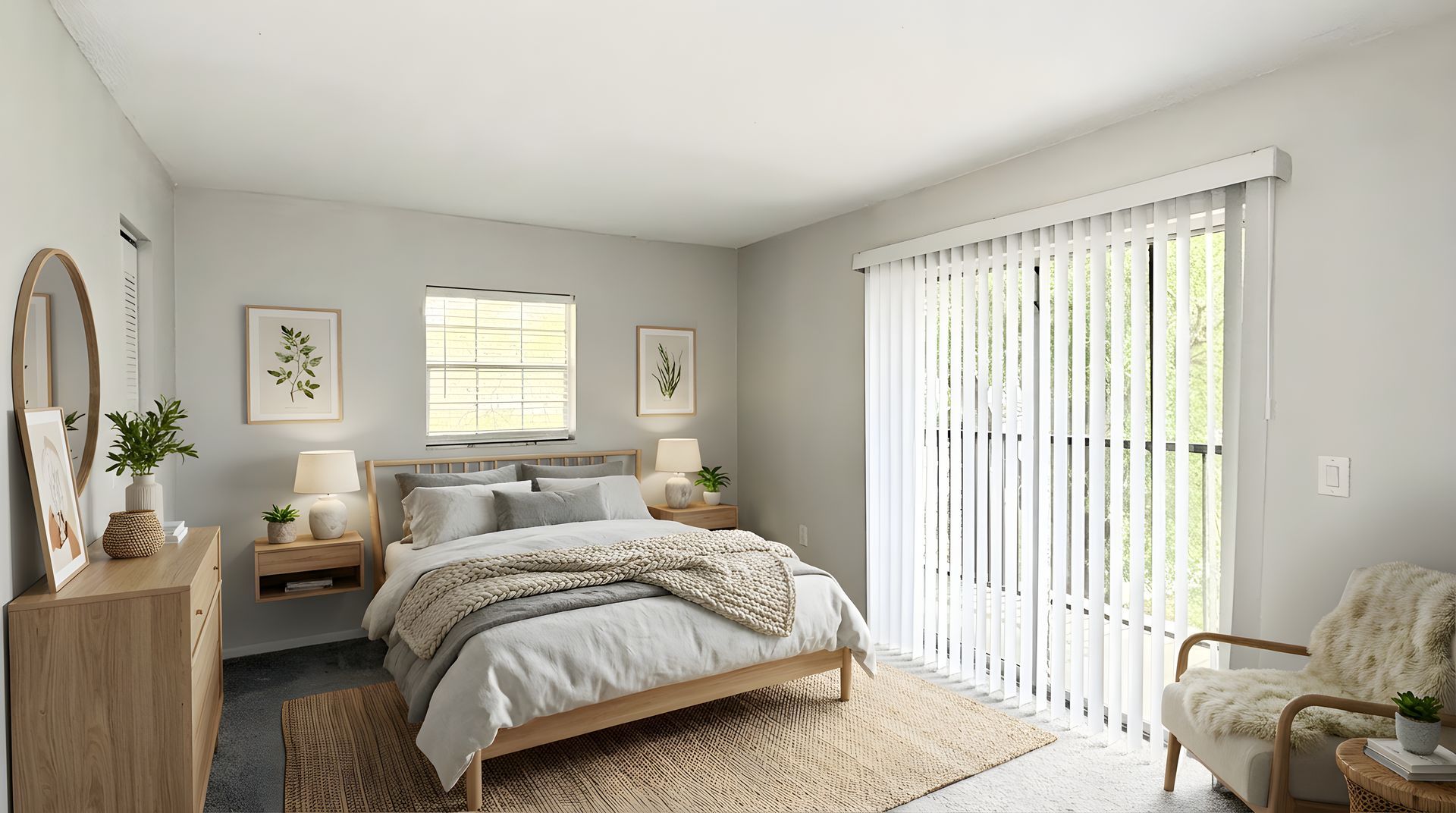 Staged bedroom with large sliding doors and carpet
