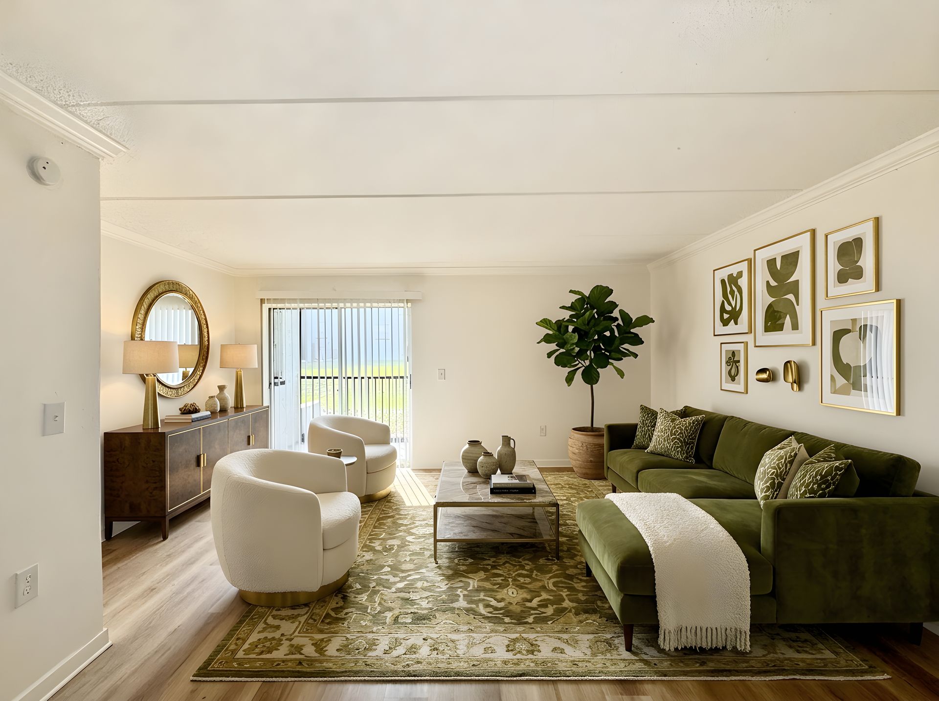 staged living room with green sofa and large wall mirror