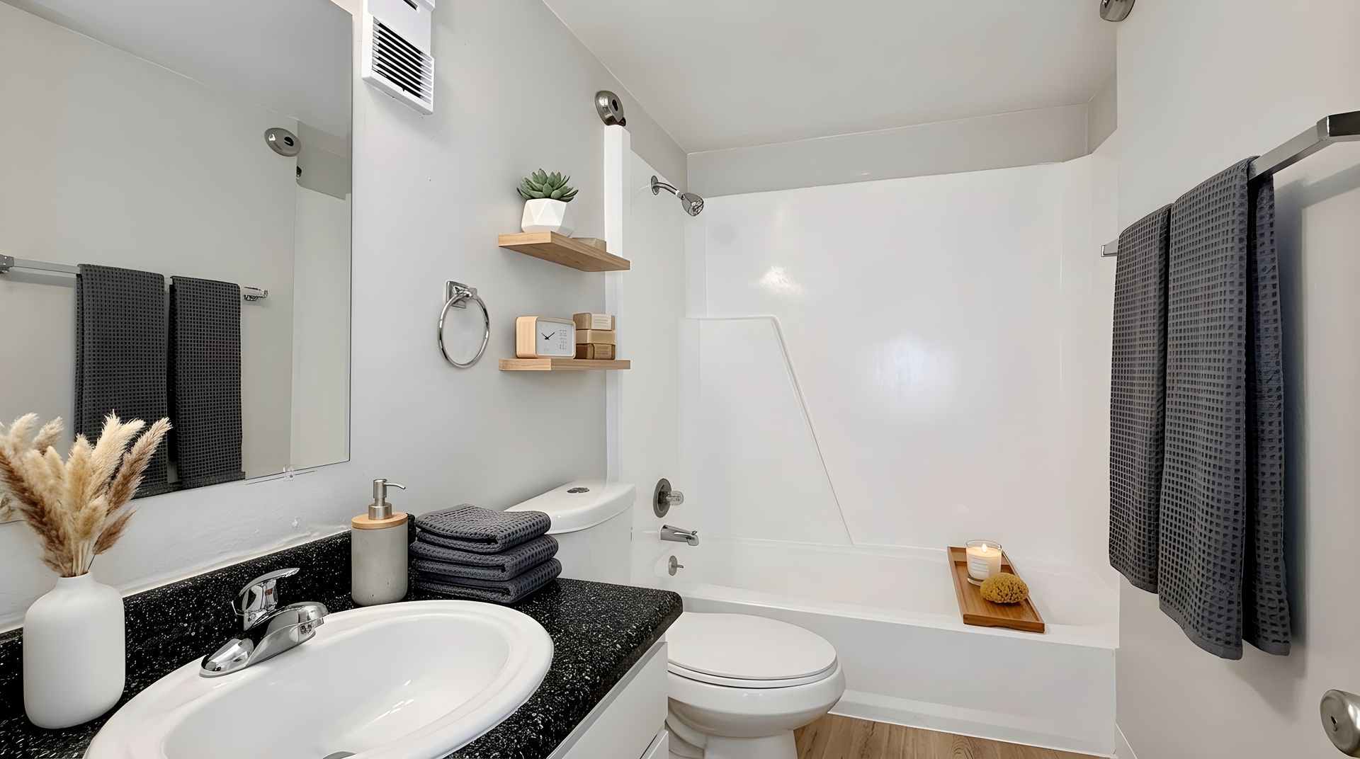 Staged full bathroom with tub/shower combo