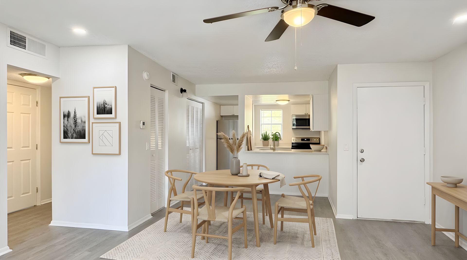 Modern dining area with natural wood table set