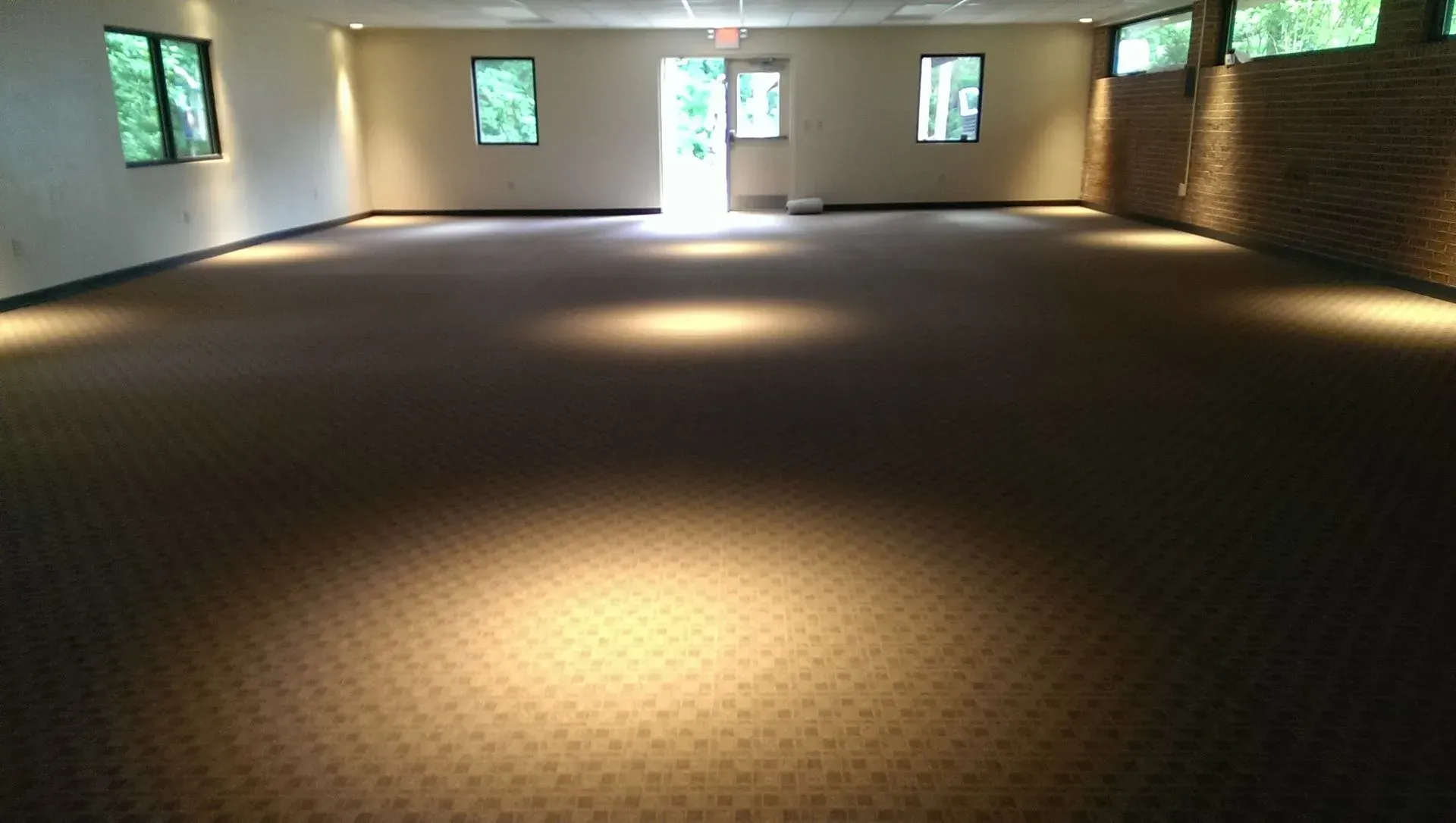 Empty room with brown carpet, windows, and overhead lighting.