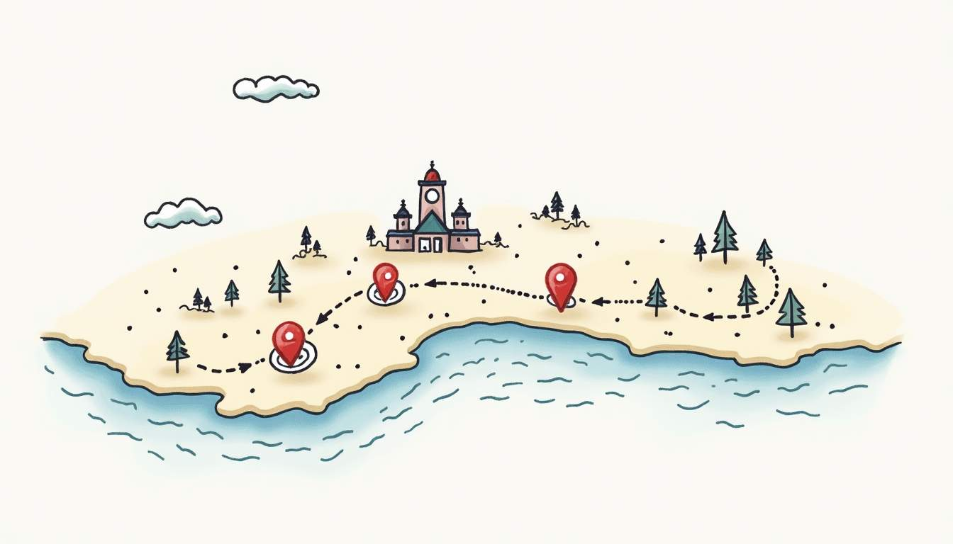 Map with red pins, dotted line path, castle, trees, and coastline.