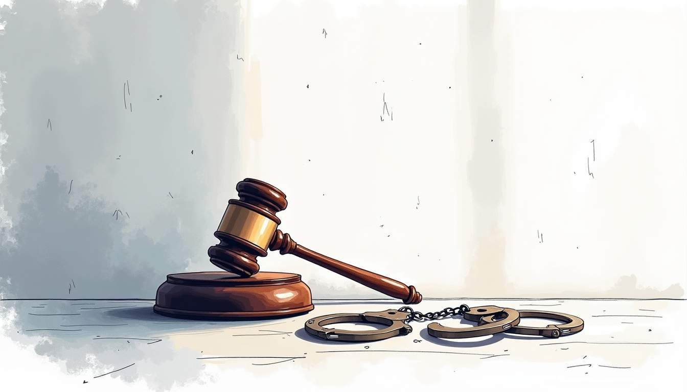Gavel and handcuffs on a wooden surface against a light background, suggesting legal proceedings.