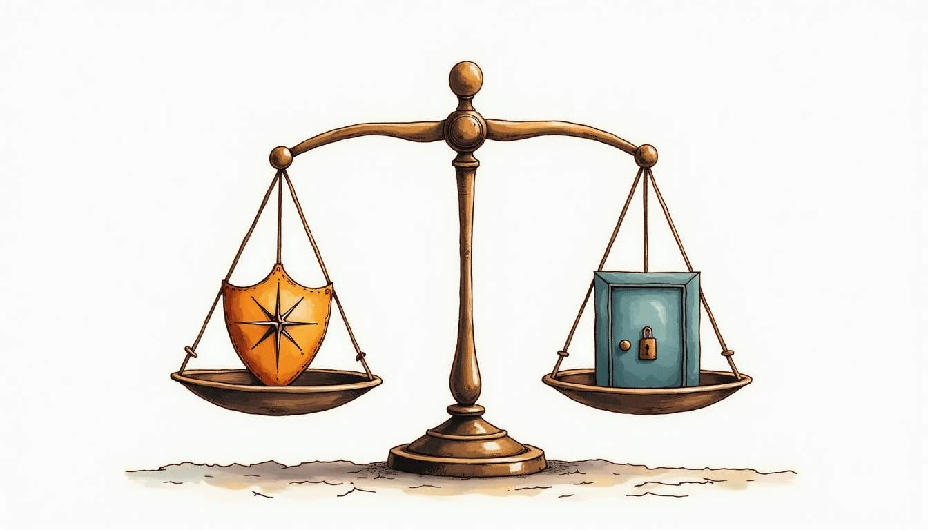 Scales of justice balancing a shield and a safe, in watercolor style.
