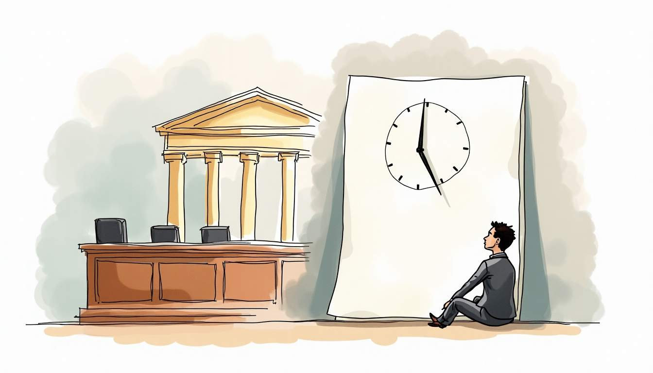 A person sits gazing at a large clock, court building in the background. Time is of the essence.