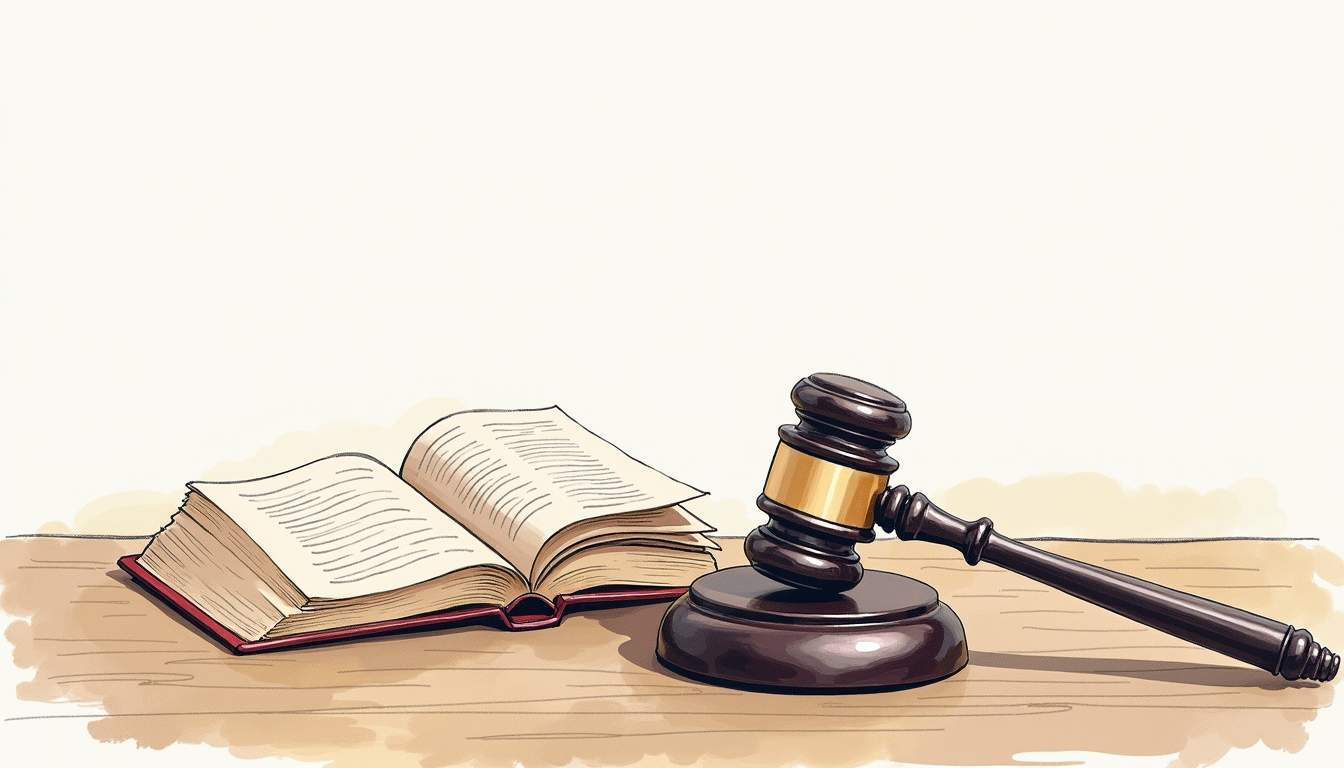 A judge 's gavel is sitting on a wooden table next to an open book.